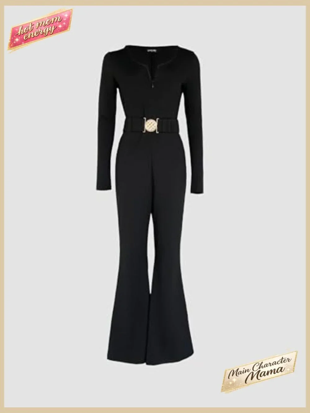 Long Sleeve U-Neck Zipper Front Jumpsuit with Belt Flared Pants - Picture 5 of 7